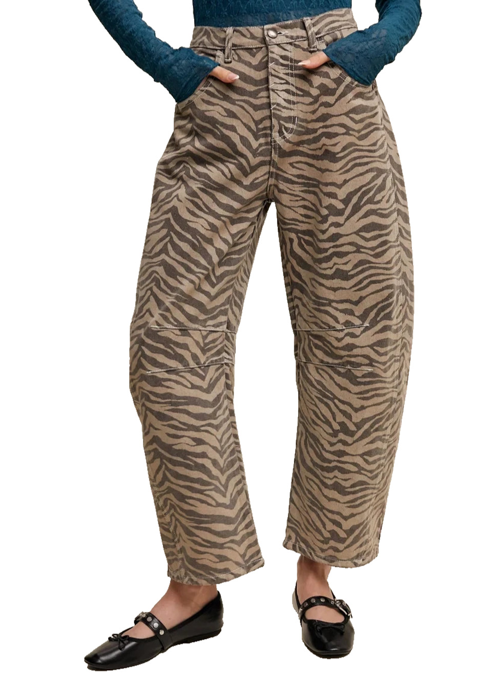 Listicle Women's Barrel Jeans Size Large NWT Denim Zebra Print Tan Black Stipes